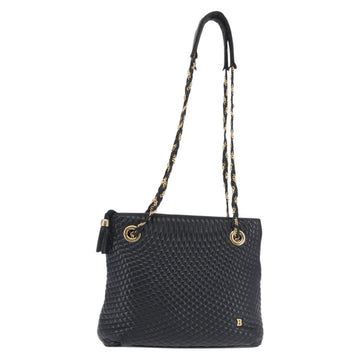 BALLY Chain Shoulder Bag Leather Navy Gold Auth BA6225