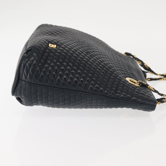 BALLY Chain Shoulder Bag Leather Navy Gold Auth BA6225