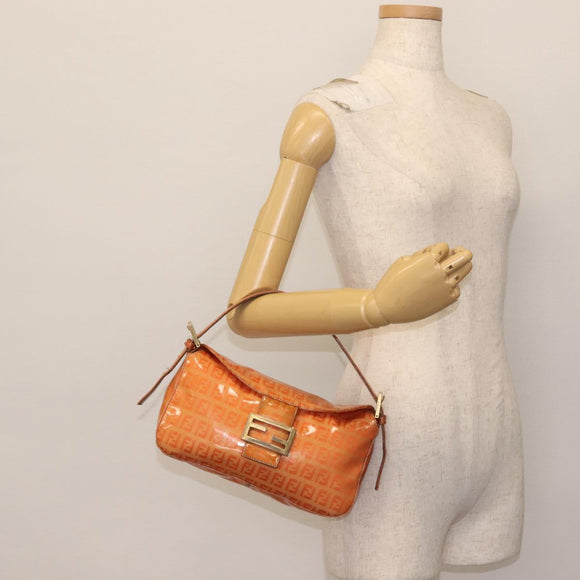 FENDI Zucchino Canvas Mamma Baguette Shoulder Bag Enamel Orange Gold Auth BA6226