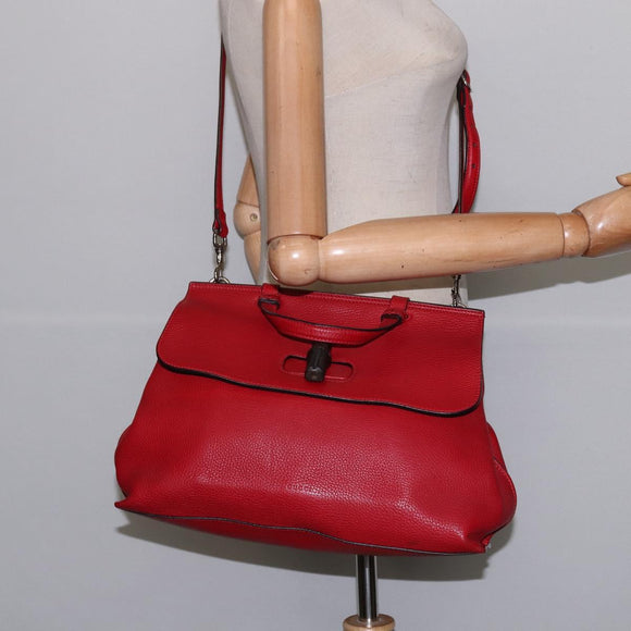 GUCCI Bamboo Daily Hand Bag Leather 2way Red Silver 392013 Auth BA6241