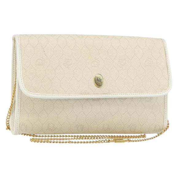 Christian Dior Honeycomb Canvas Chain Shoulder Bag PVC White Gold Auth BA6245