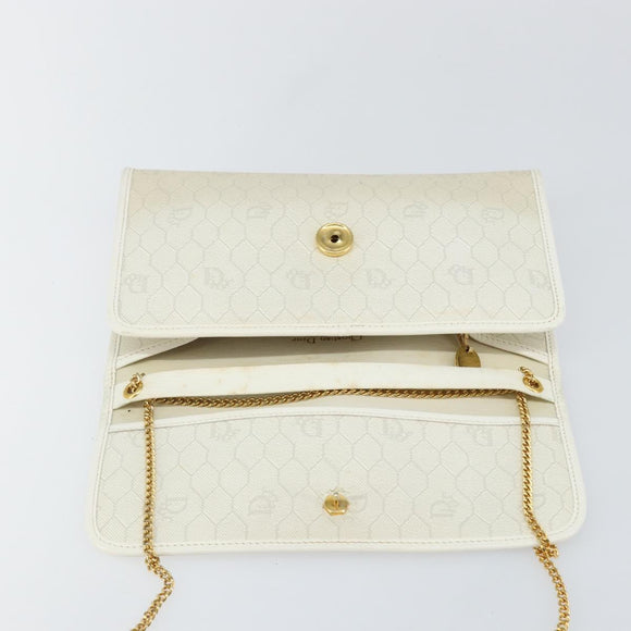 Christian Dior Honeycomb Canvas Chain Shoulder Bag PVC White Gold Auth BA6245