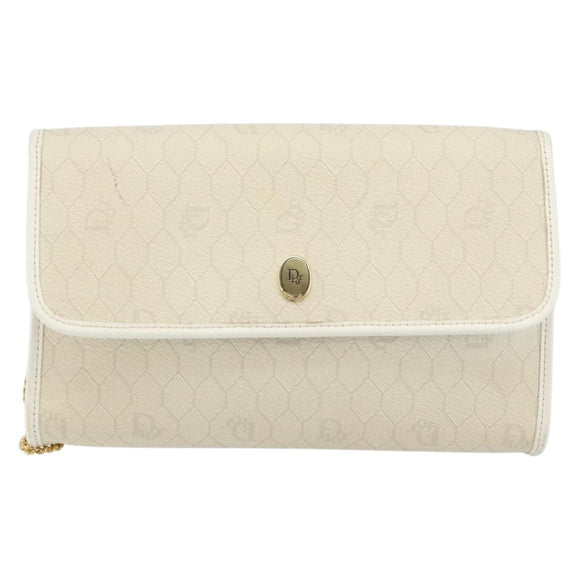 Christian Dior Honeycomb Canvas Chain Shoulder Bag PVC White Gold Auth BA6245