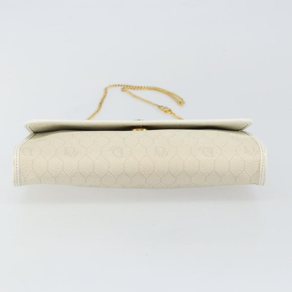 Christian Dior Honeycomb Canvas Chain Shoulder Bag PVC White Gold Auth BA6245