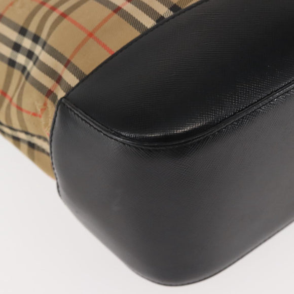 BURBERRY Nova Check Hand Bag Canvas Leather Black Gold Auth BA6246