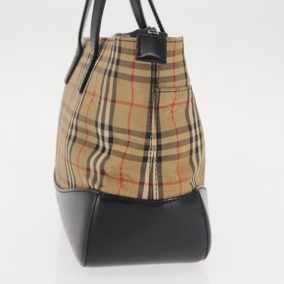 BURBERRY Nova Check Hand Bag Canvas Leather Black Gold Auth BA6246