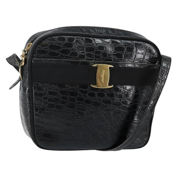 Salvatore Ferragamo Vala Shoulder Bag Leather Embossed Black Gold Auth BA6288