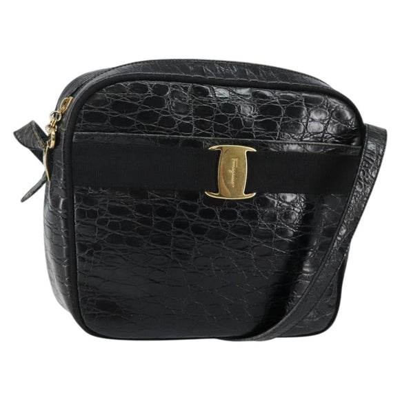 Salvatore Ferragamo Vala Shoulder Bag Leather Embossed Black Gold Auth BA6288