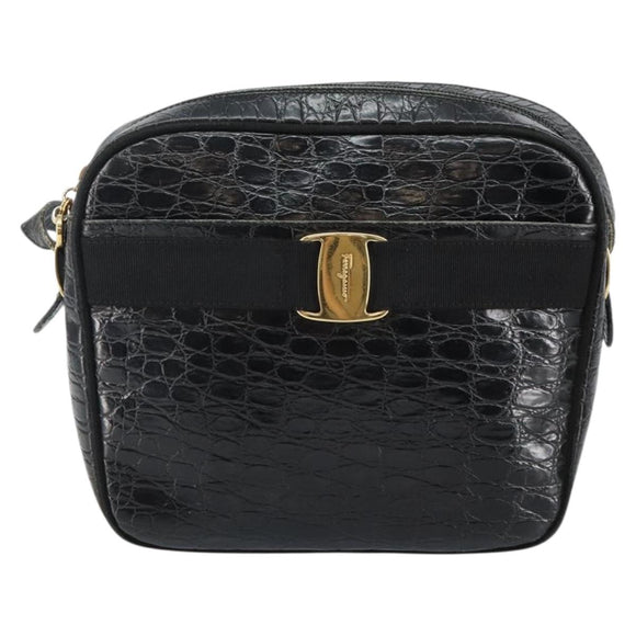 Salvatore Ferragamo Vala Shoulder Bag Leather Embossed Black Gold Auth BA6288