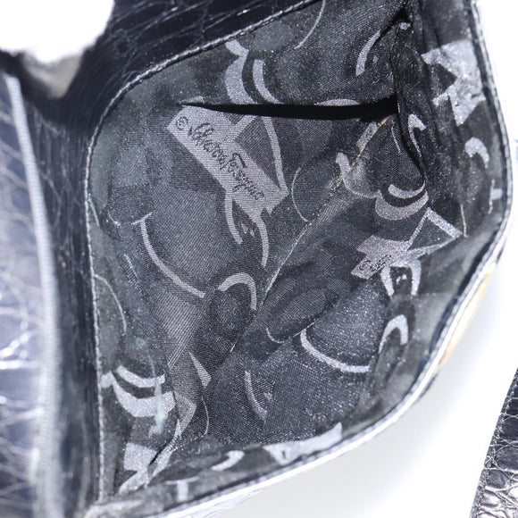 Salvatore Ferragamo Vala Shoulder Bag Leather Embossed Black Gold Auth BA6288