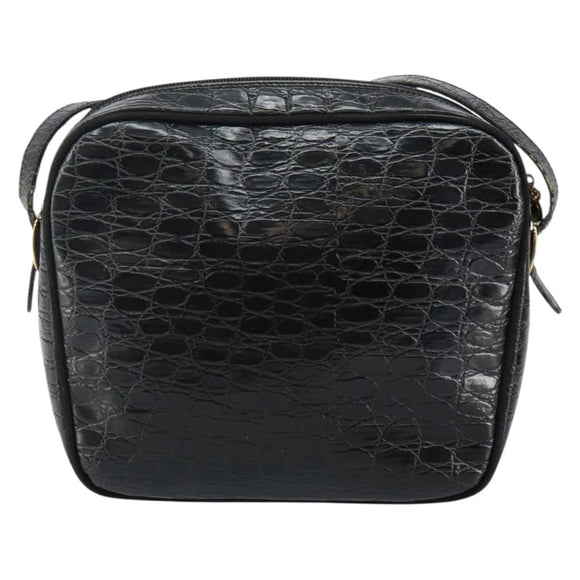 Salvatore Ferragamo Vala Shoulder Bag Leather Embossed Black Gold Auth BA6288