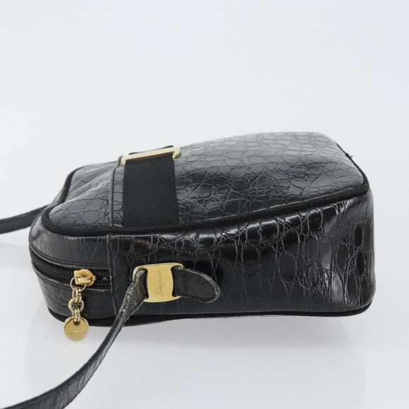 Salvatore Ferragamo Vala Shoulder Bag Leather Embossed Black Gold Auth BA6288