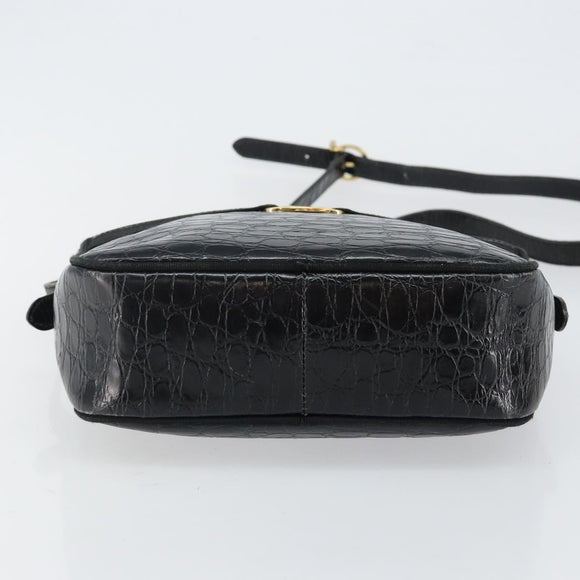 Salvatore Ferragamo Vala Shoulder Bag Leather Embossed Black Gold Auth BA6288