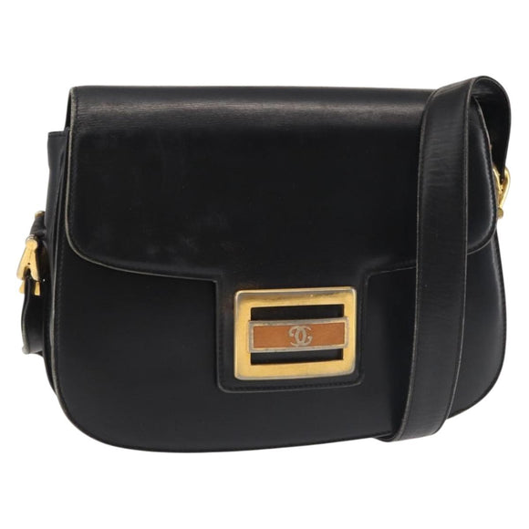 GUCCI Shoulder Bag Leather Navy Gold Auth BA6320