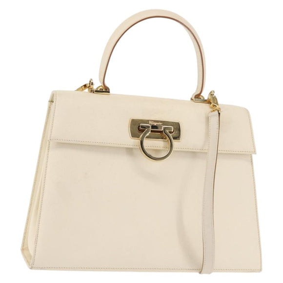 Salvatore Ferragamo Gancini Hand Bag Leather 2way White Gold Auth BA6323