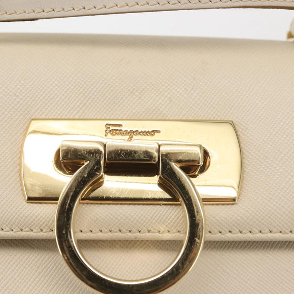Salvatore Ferragamo Gancini Hand Bag Leather 2way White Gold Auth BA6323