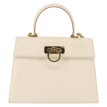 Salvatore Ferragamo Gancini Hand Bag Leather 2way White Gold Auth BA6323 - 0