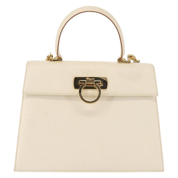 Salvatore Ferragamo Gancini Hand Bag Leather 2way White Gold Auth BA6323