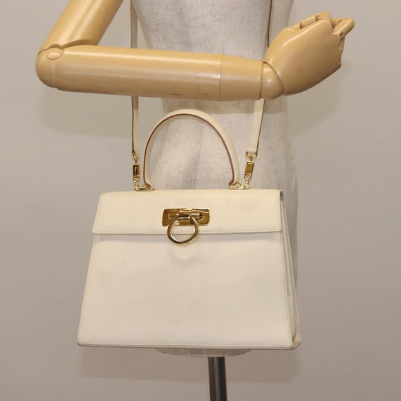 Salvatore Ferragamo Gancini Hand Bag Leather 2way White Gold Auth BA6323