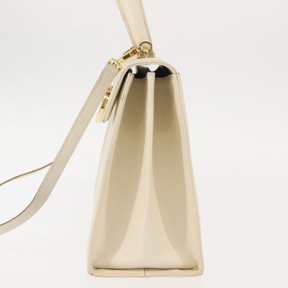 Salvatore Ferragamo Gancini Hand Bag Leather 2way White Gold Auth BA6323