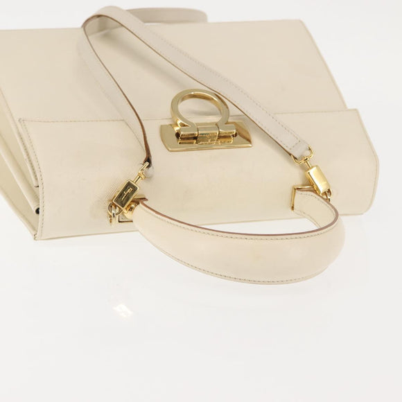 Salvatore Ferragamo Gancini Hand Bag Leather 2way White Gold Auth BA6323