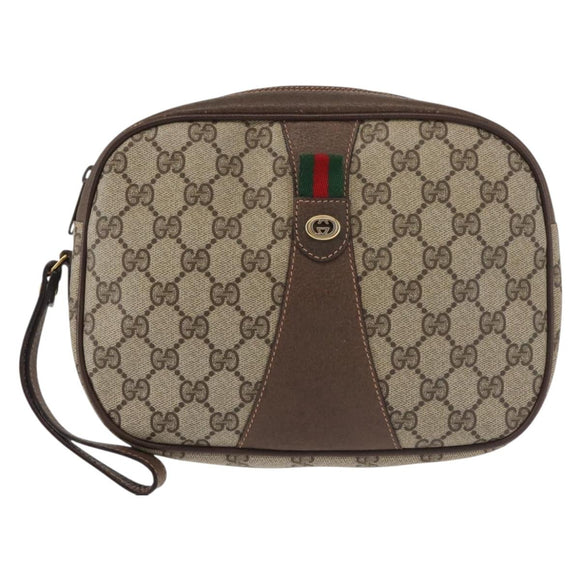 GUCCI GG Supreme Web Sherry Line Clutch Bag Beige Gold 156 01 034 Auth BA6357