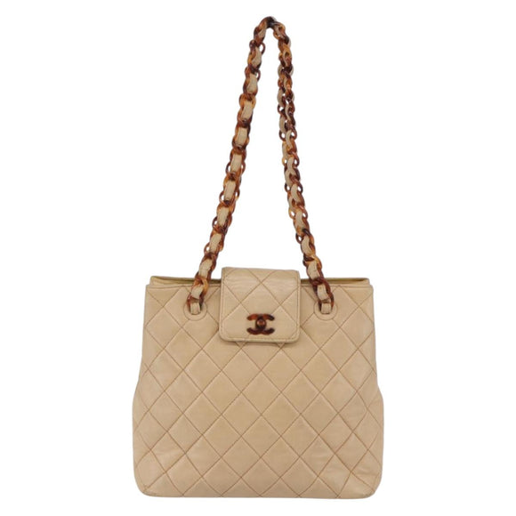 CHANEL Matelasse Shoulder Bag Lamb Skin Beige CC Auth BA6358