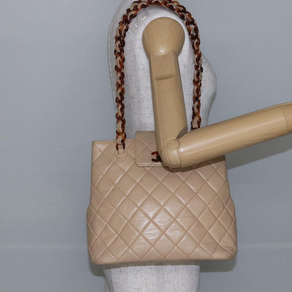 CHANEL Matelasse Shoulder Bag Lamb Skin Beige CC Auth BA6358