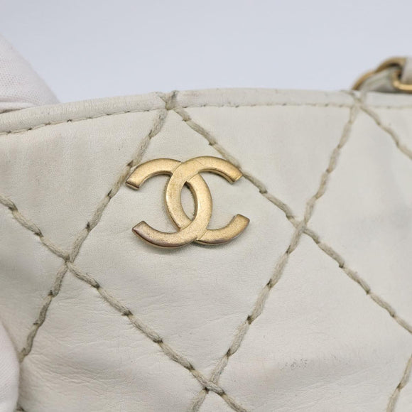 CHANEL Wild Stitch Chain Shoulder Bag Lamb Skin Beige Gold CC Auth BA6359