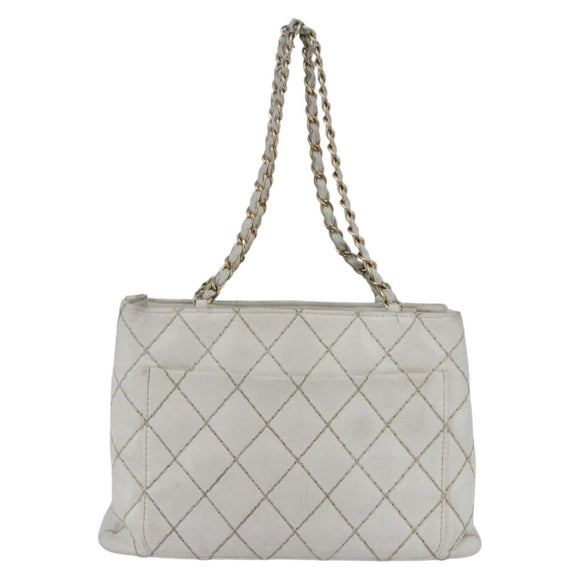 CHANEL Wild Stitch Chain Shoulder Bag Lamb Skin Beige Gold CC Auth BA6359