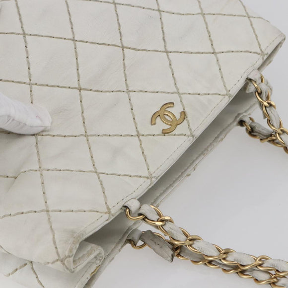 CHANEL Wild Stitch Chain Shoulder Bag Lamb Skin Beige Gold CC Auth BA6359