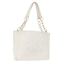 CHANEL Tote Bag Caviar Skin White Gold CC Auth BA6361-1