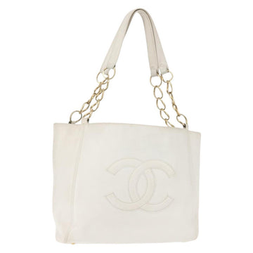 CHANEL Tote Bag Caviar Skin White Gold CC Auth BA6361