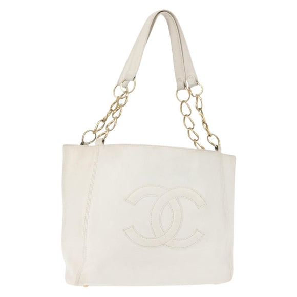 CHANEL Tote Bag Caviar Skin White Gold CC Auth BA6361