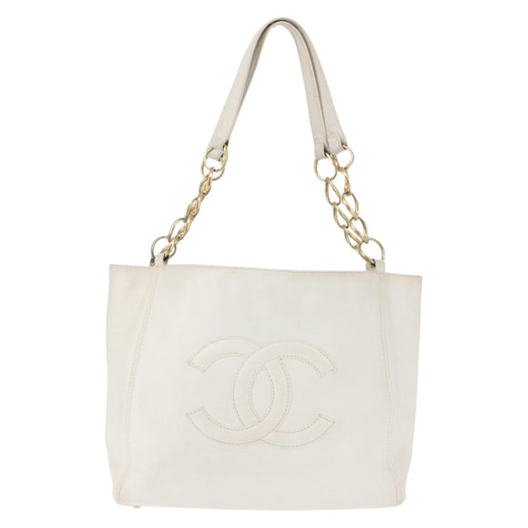CHANEL Tote Bag Caviar Skin White Gold CC Auth BA6361