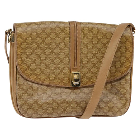CELINE Macadam Canvas Shoulder Bag PVC Beige Gold Auth BA6373