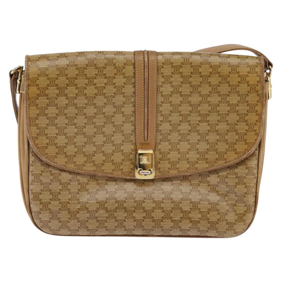 CELINE Macadam Canvas Shoulder Bag PVC Beige Gold Auth BA6373