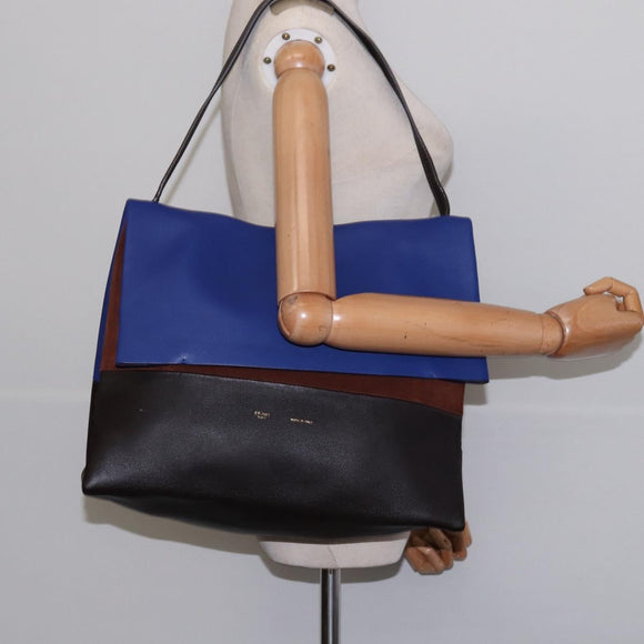CELINE All Soft Shoulder Bag Leather Blue Black Silver Auth BA6374
