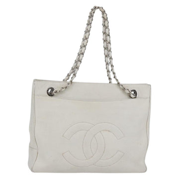 CHANEL Chain Shoulder Bag Caviar Skin White Silver CC Auth BA6376