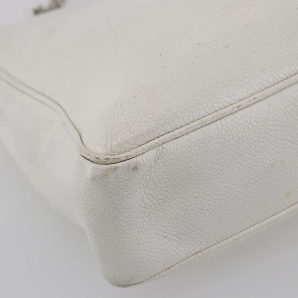 CHANEL Chain Shoulder Bag Caviar Skin White Silver CC Auth BA6376
