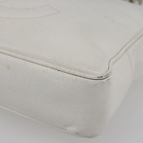 CHANEL Chain Shoulder Bag Caviar Skin White Silver CC Auth BA6376