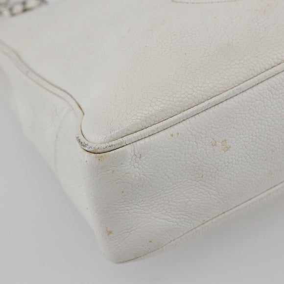 CHANEL Chain Shoulder Bag Caviar Skin White Silver CC Auth BA6376