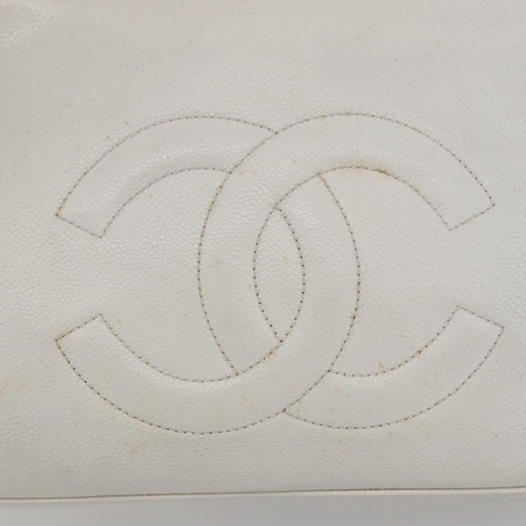 CHANEL Chain Shoulder Bag Caviar Skin White Silver CC Auth BA6376