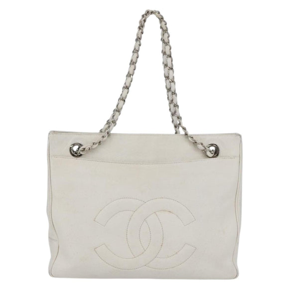 CHANEL Chain Shoulder Bag Caviar Skin White Silver CC Auth BA6376