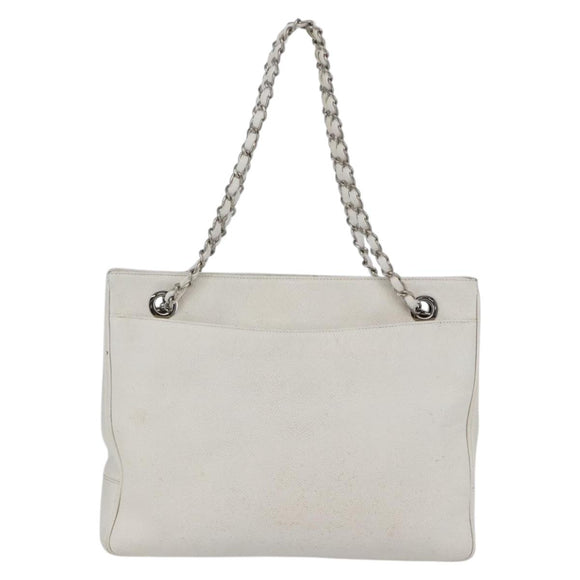 CHANEL Chain Shoulder Bag Caviar Skin White Silver CC Auth BA6376