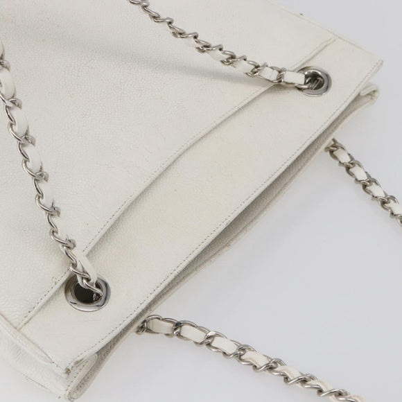 CHANEL Chain Shoulder Bag Caviar Skin White Silver CC Auth BA6376