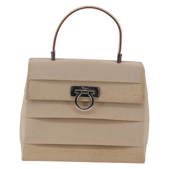 Salvatore Ferragamo Gancini Hand Bag Canvas Beige Silver Auth BA6378