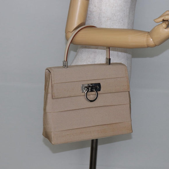 Salvatore Ferragamo Gancini Hand Bag Canvas Beige Silver Auth BA6378