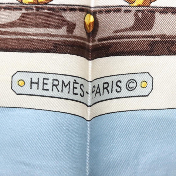 HERMES Carre 90 Scarf ""aux champs"" Silk Light Blue Auth BA6381