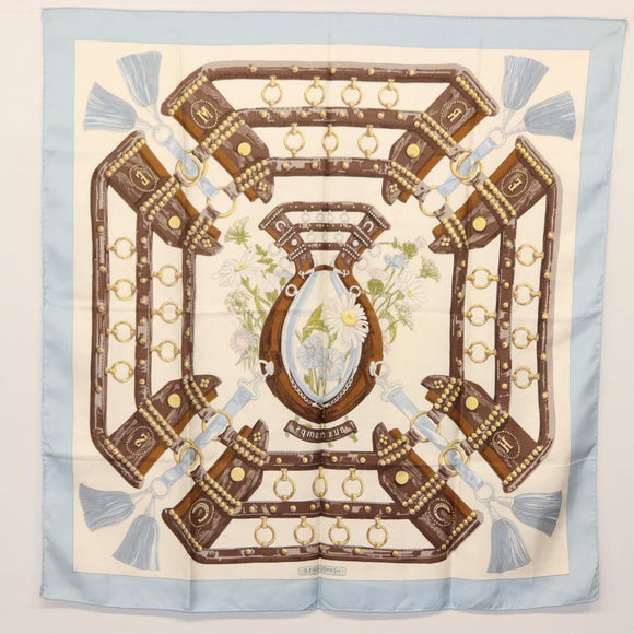 HERMES Carre 90 Scarf ""aux champs"" Silk Light Blue Auth BA6381